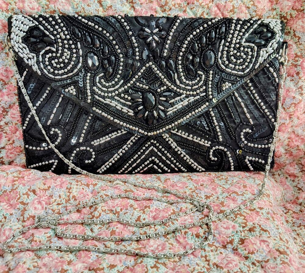 Black Beaded Formal Clutch with Silver Chain Strap - NEW
